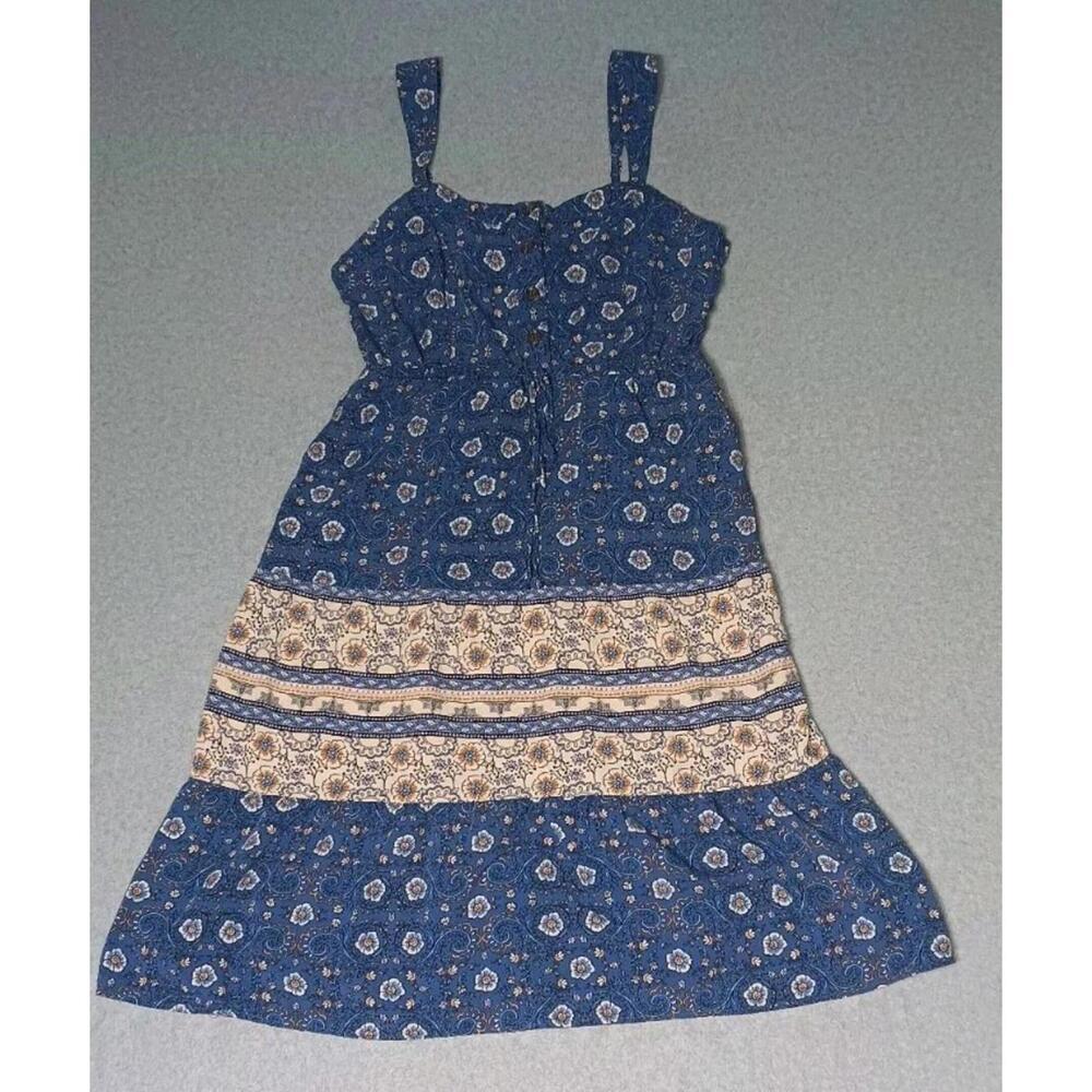 Lucky Brand Apron Style Dress Womens Size XL Blue Floral Button And Tie Waist...